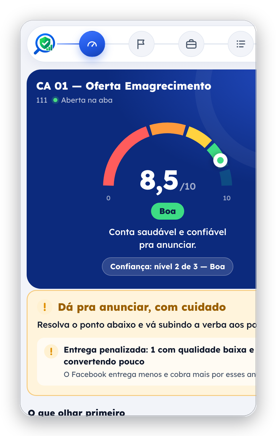 Painel do Sentinela mostrando a nota da conta