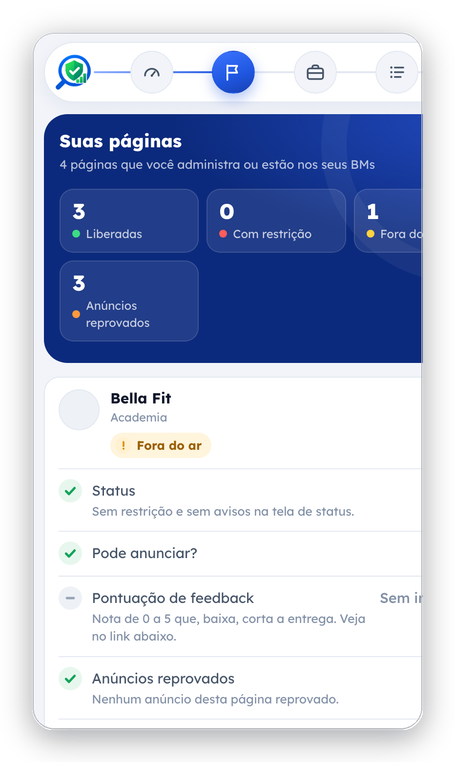 Tela das páginas